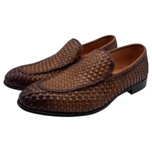 Brecos - Mocassini uomo Slip-On in pelle intrecciata color cuoio – 42