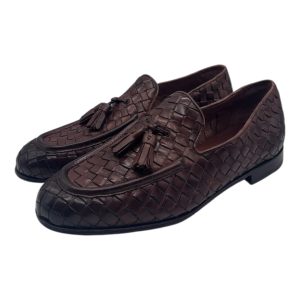 Brecos – Mocassini uomo in pelle intrecciata color cuoio scuro con nappe – 42