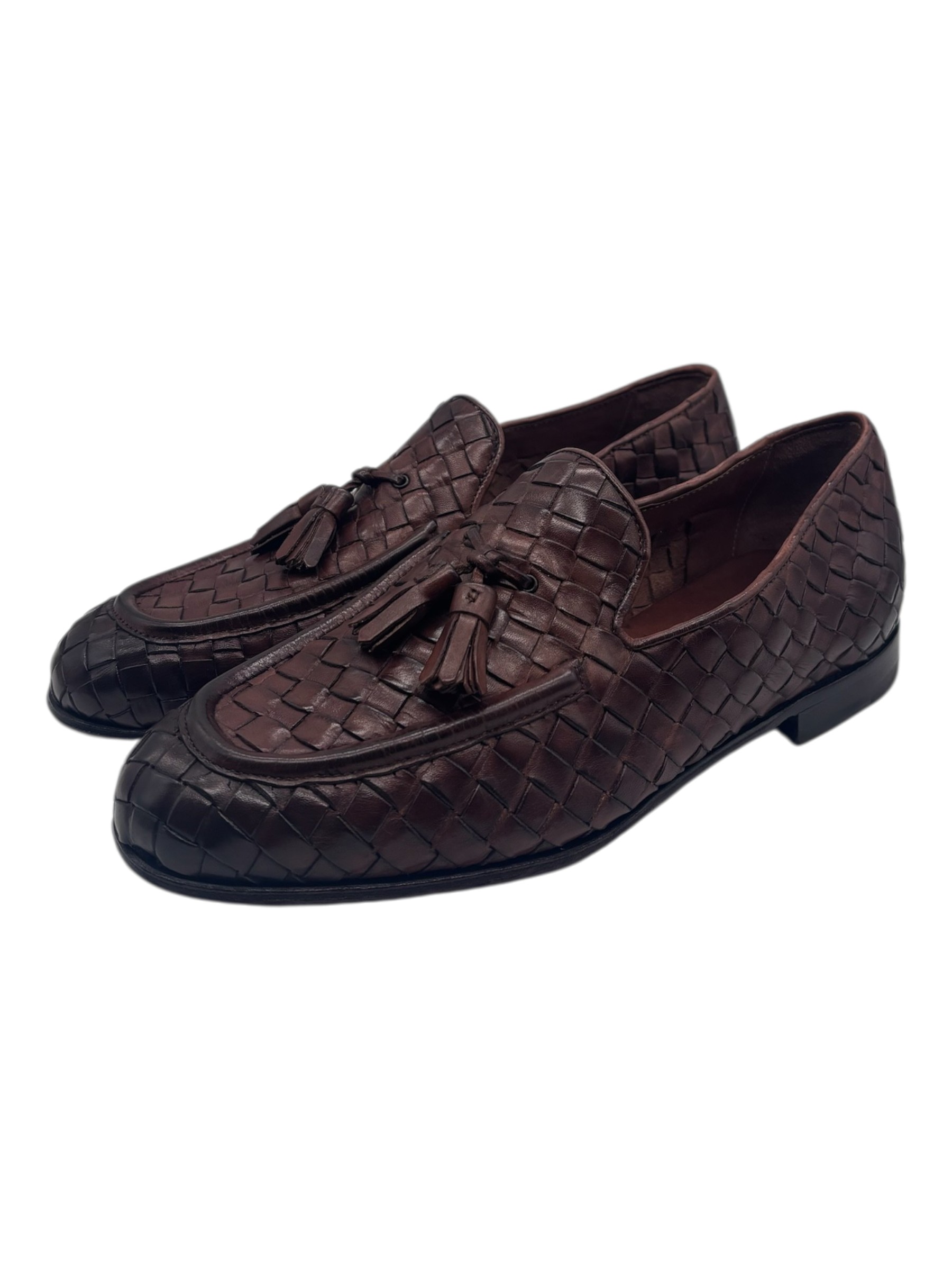 Brecos – Mocassini uomo in pelle intrecciata color cuoio scuro con nappe – 42