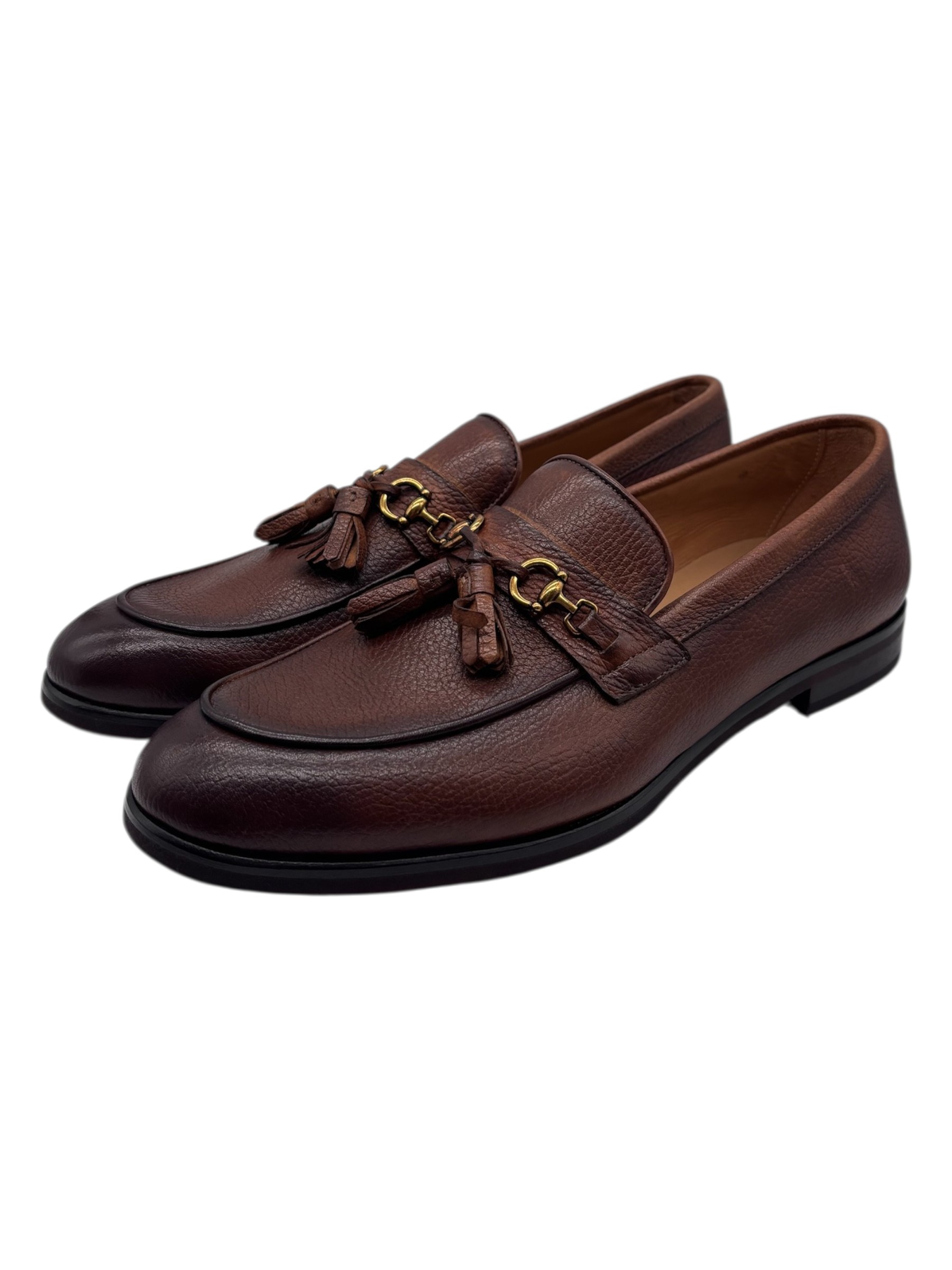 Brecos - Mocassini uomo in pelle martellata color cuoio con nappe - 42