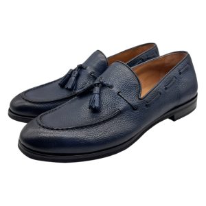 Brecos - Mocassini uomo in pelle martellata blu con nappine - 42