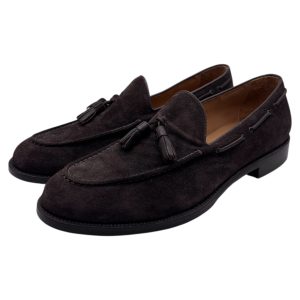 Brecos - Mocassini uomo in camoscio testa di moro con nappine – 43.5