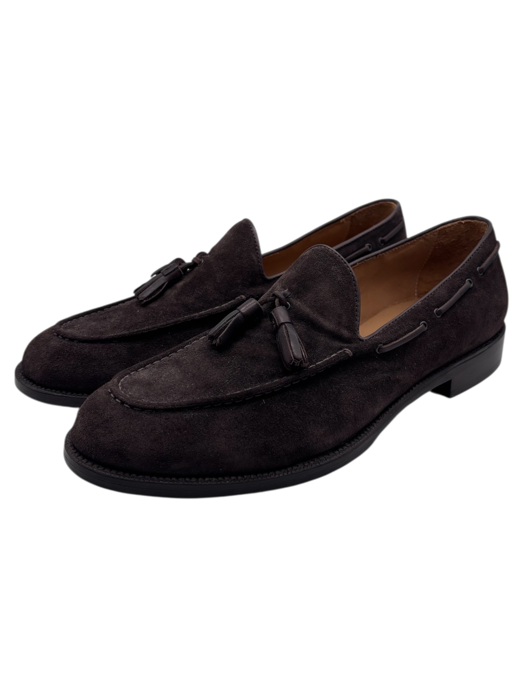 Brecos - Mocassini uomo in camoscio testa di moro con nappine – 43.5