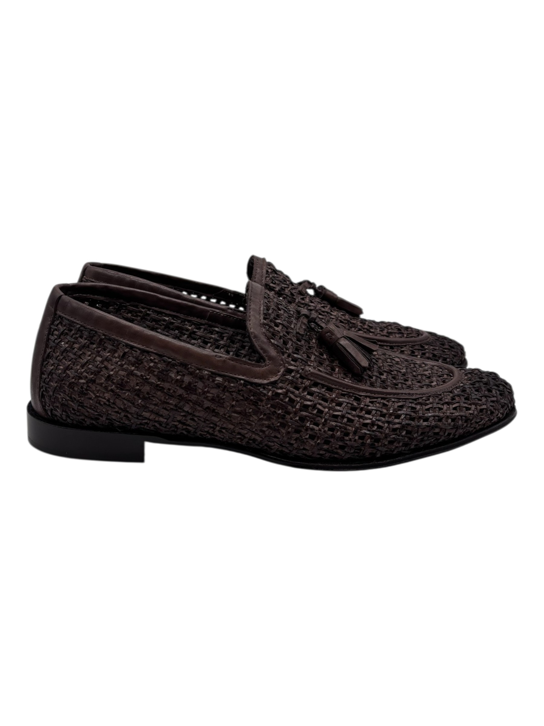 Brecos - Mocassini uomo in pelle intrecciata testa di moro con nappe - 42 - immagine 3
