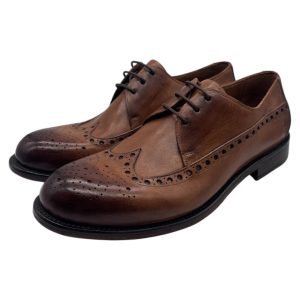 Brecos - Scarpe derby uomo full brogue in pelle tamponata cuoio - 42