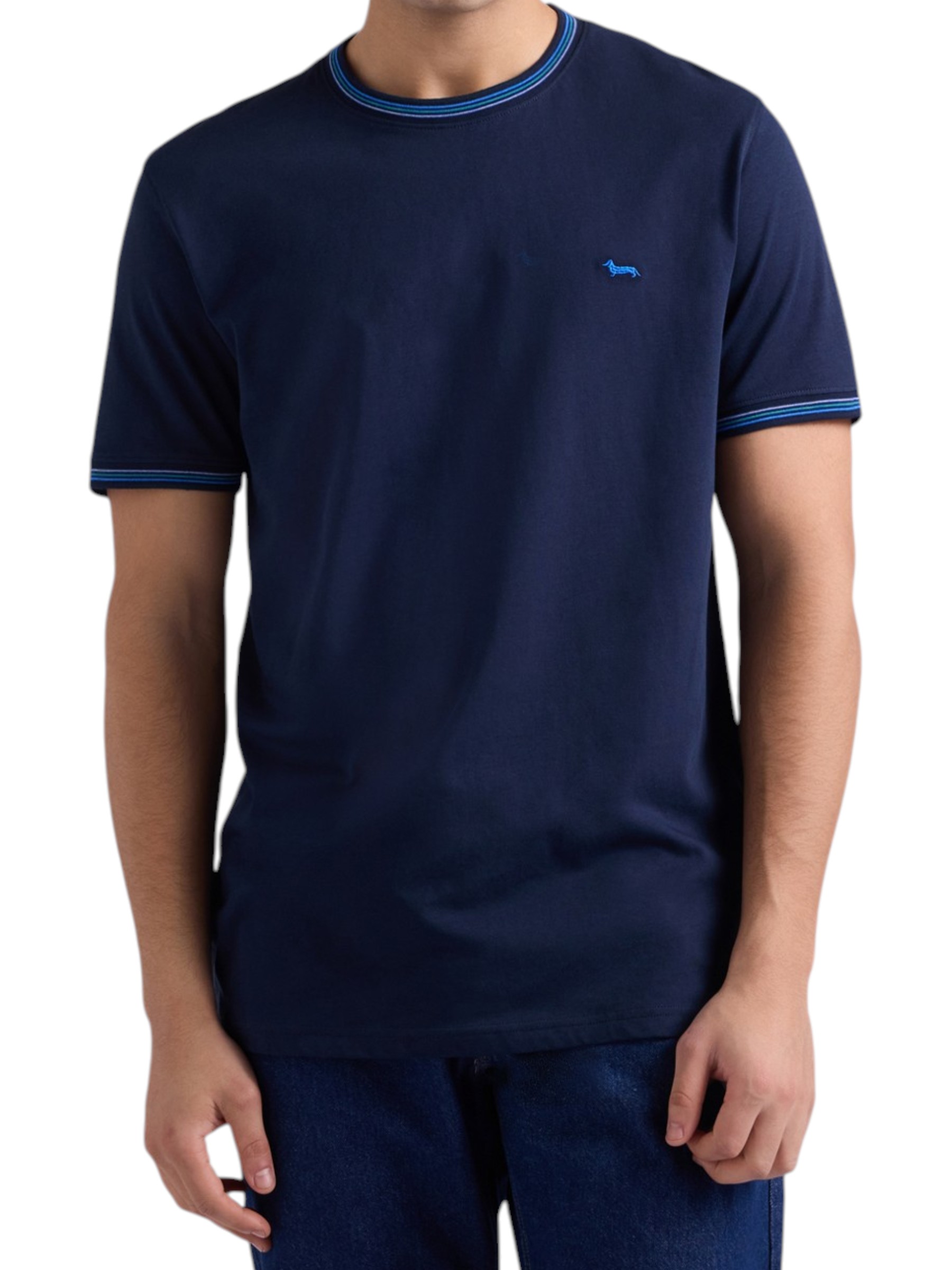 Harmont & Blaine - T-shirt uomo blu navy con collo e orli rigati
