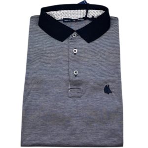 Vela Blu - Polo uomo in filo di Scozia microrigato blu e bianco - XS