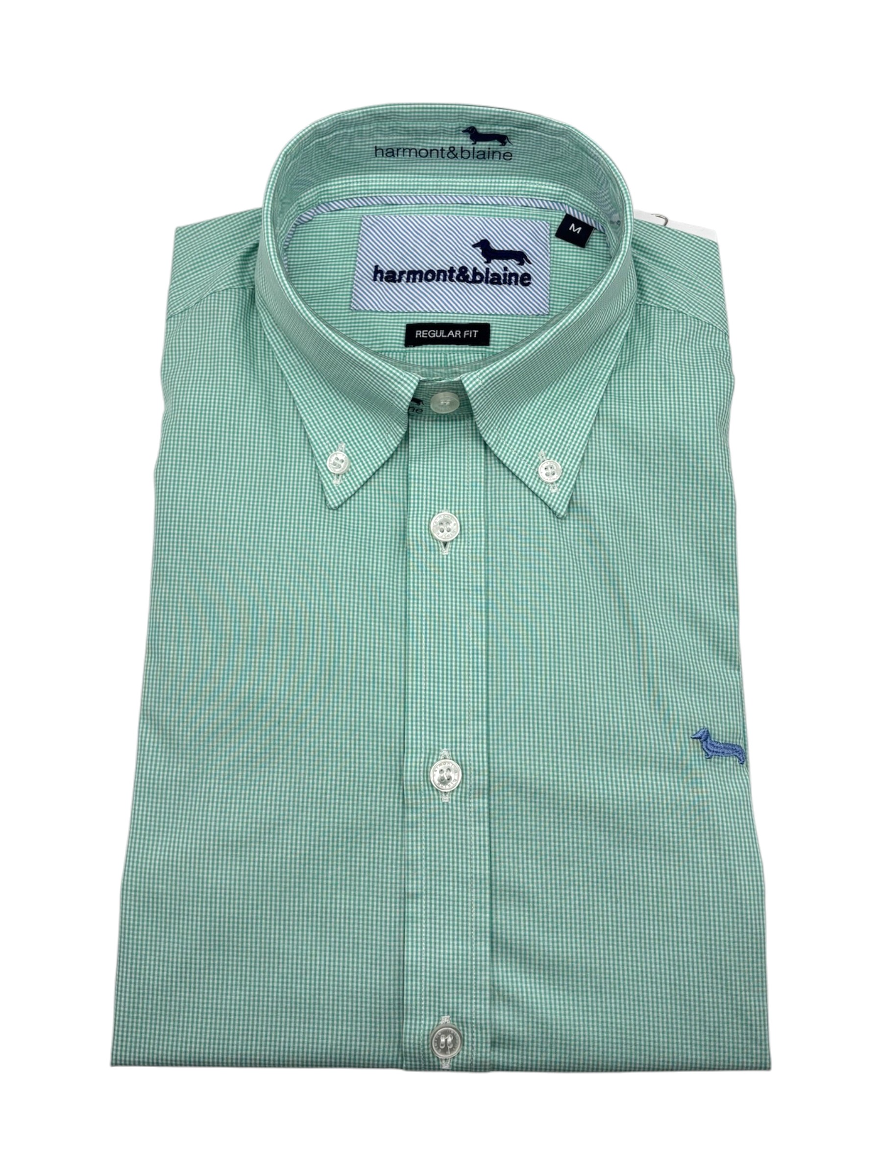 Harmont & Blaine – Camicia regular fit in cotone micro-check verde acqua e bianco