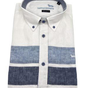 Harmont & Blaine – Camicia regular fit in lino bianco e fasce blu