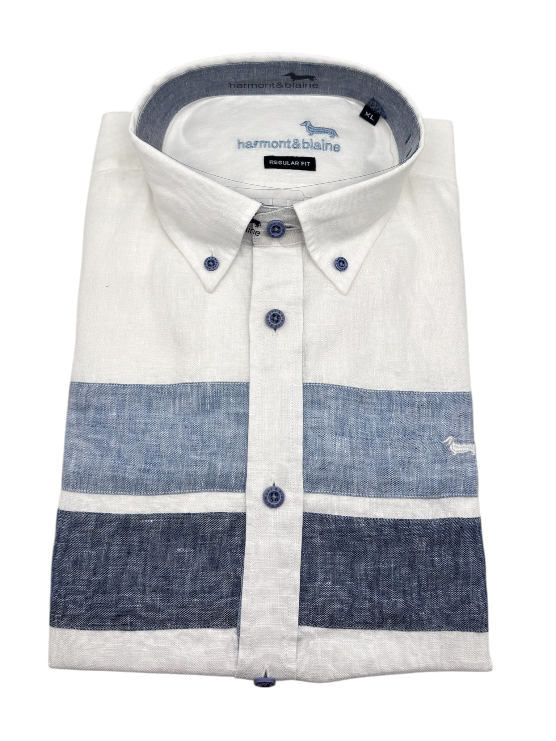 Harmont & Blaine – Camicia regular fit in lino bianco e fasce blu