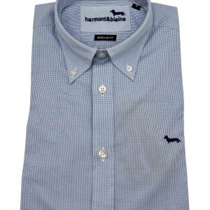 Harmont & Blaine – Camicia regular fit in cotone micro-check bianco e azzurro