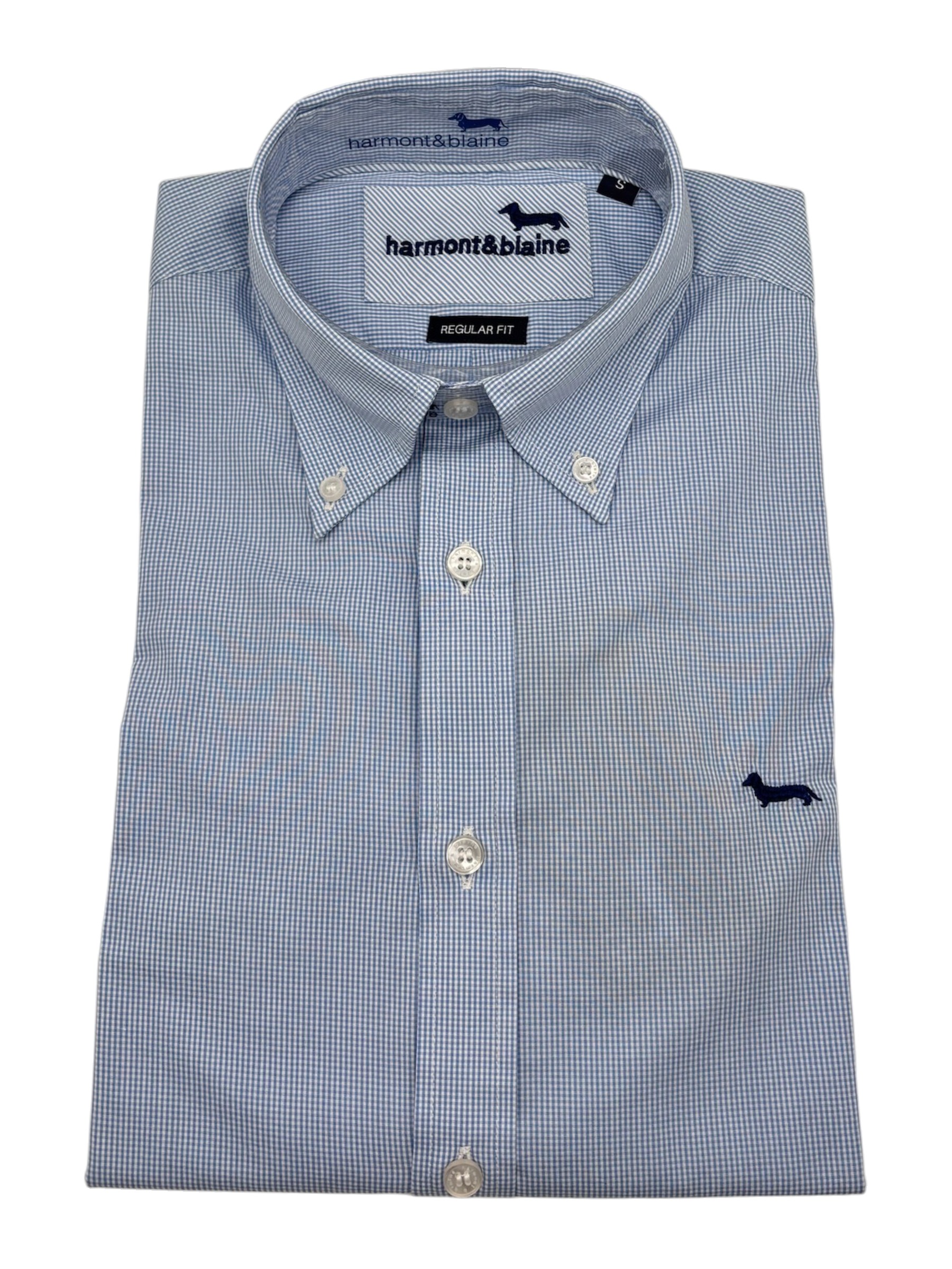Harmont & Blaine – Camicia regular fit in cotone micro-check bianco e azzurro