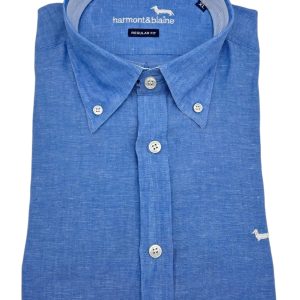 Harmont & Blaine - Camicia regular fit in lino blu melange - XL