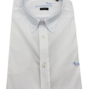 Harmont & Blaine - Camicia narrow fit in cotone bianco con polsini in celeste