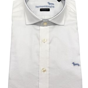 Harmont & Blaine – Camicia narrow fit in cotone bianco con polsini color polvere