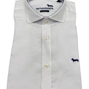 Harmont & Blaine – Camicia narrow fit in cotone bianco con polsini blu denim