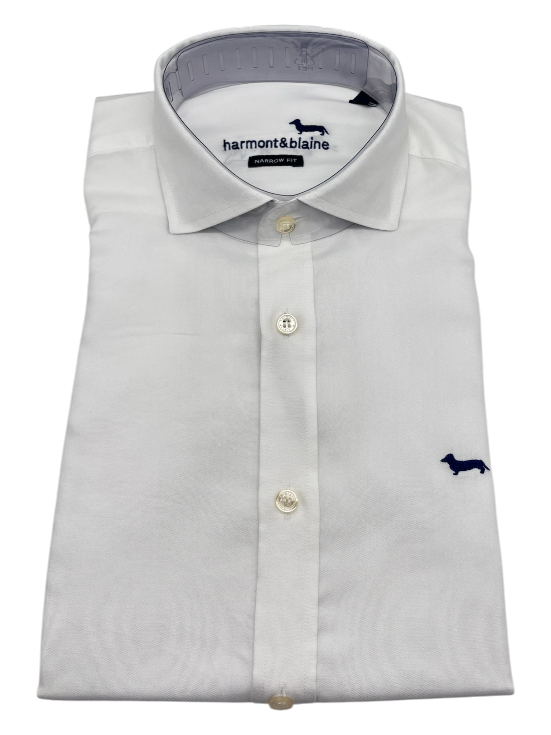 Harmont & Blaine – Camicia narrow fit in cotone bianco con polsini blu denim