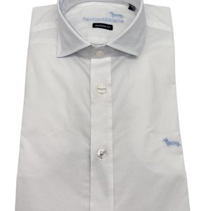 Harmont & Blaine – Camicia narrow fit in cotone bianco con polsini in celeste
