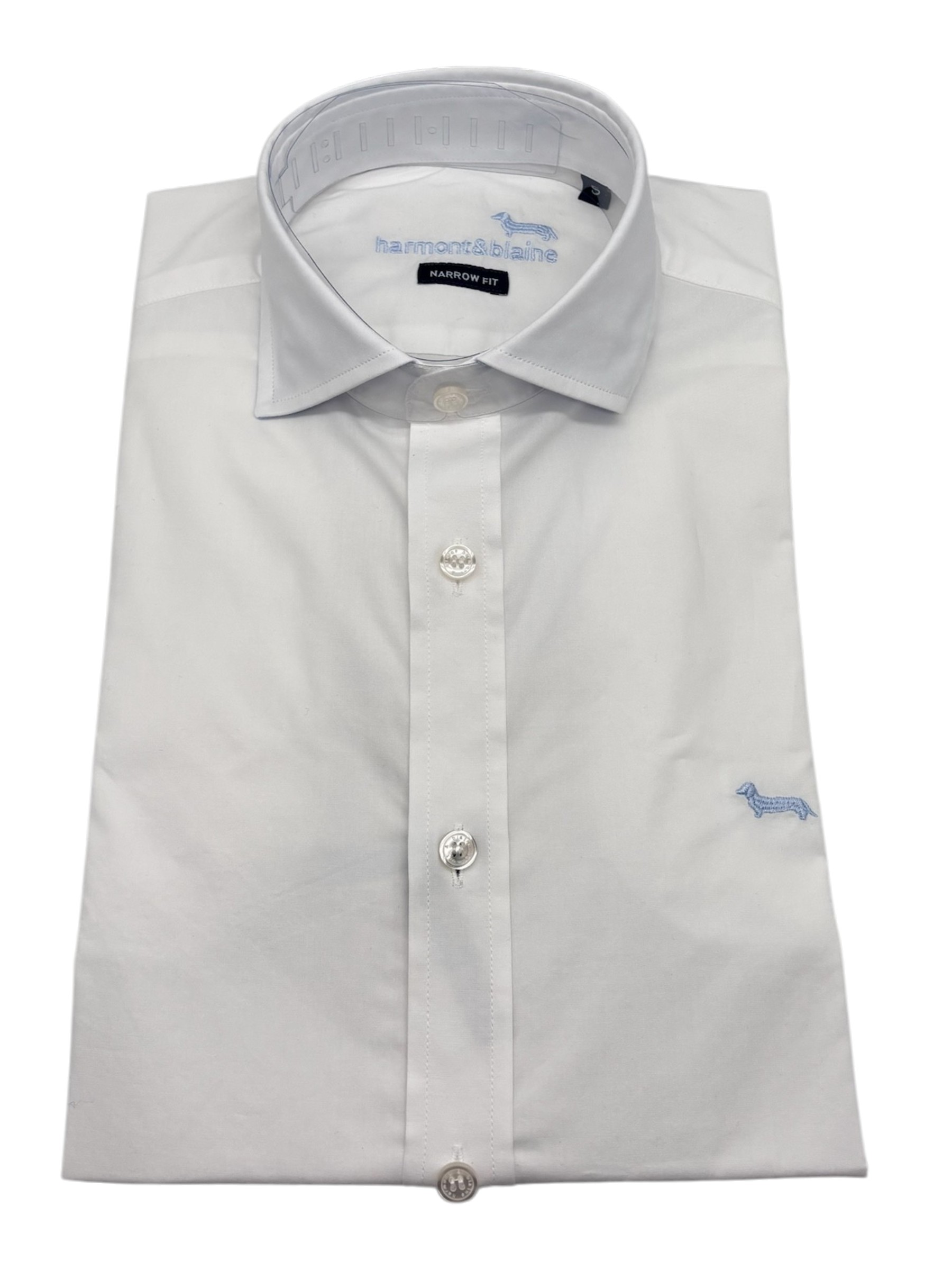 Harmont & Blaine – Camicia narrow fit in cotone bianco con polsini in celeste