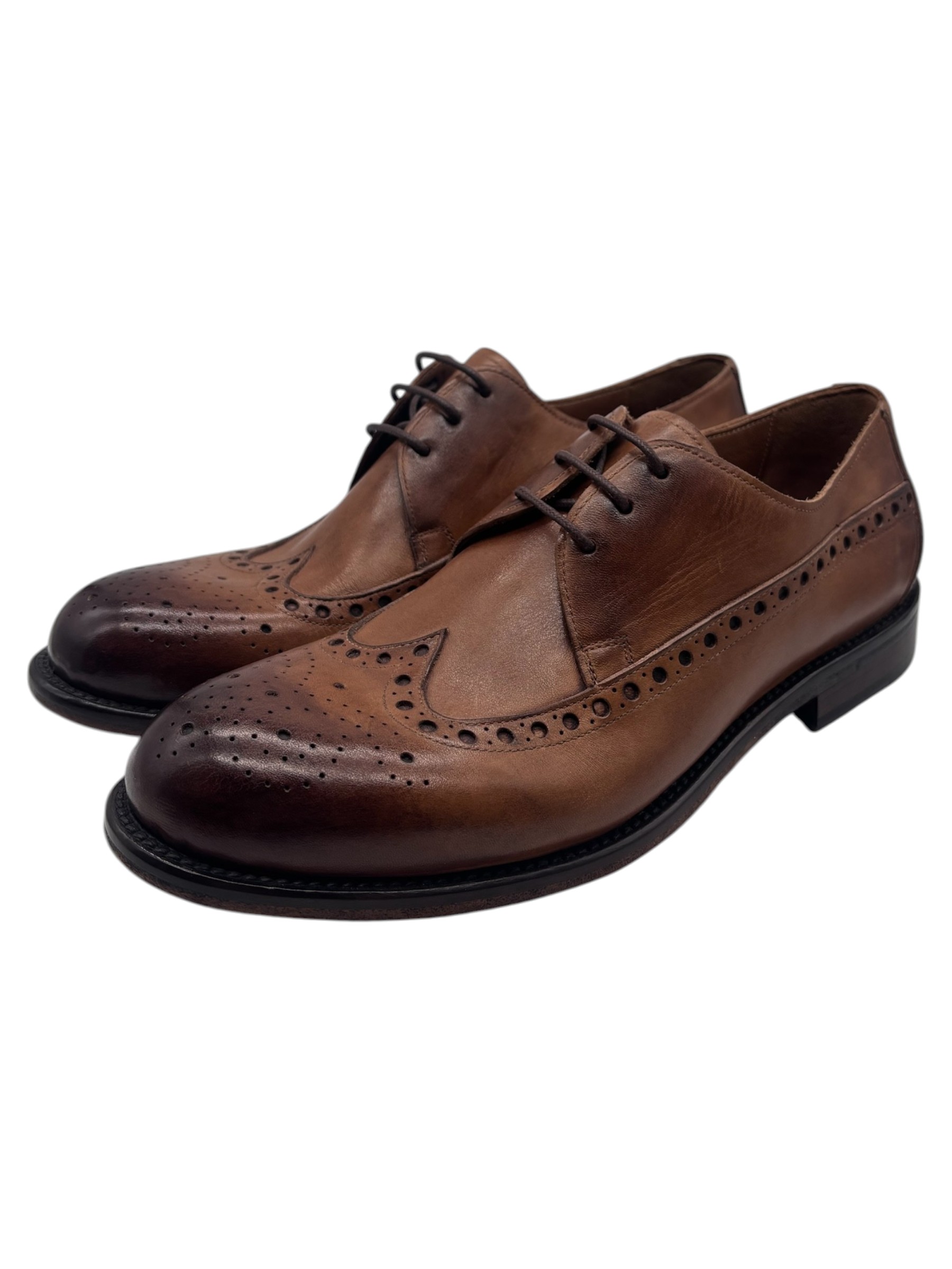 Brecos - Scarpe derby uomo full brogue in pelle tamponata cuoio - 42