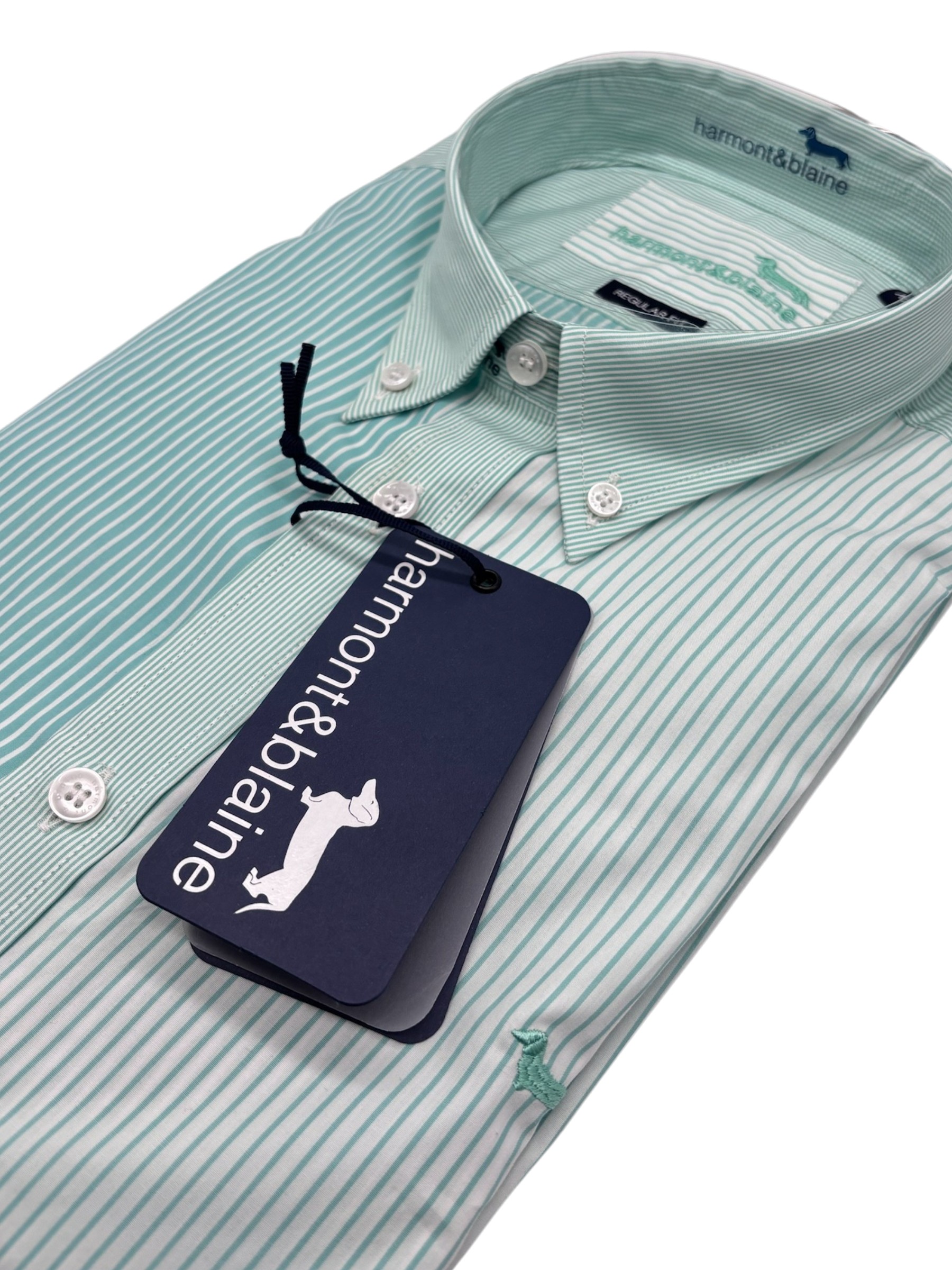 Harmont & Blaine – Camicia regular fit in cotone patchwork righe verde acqua e bianco - immagine 3