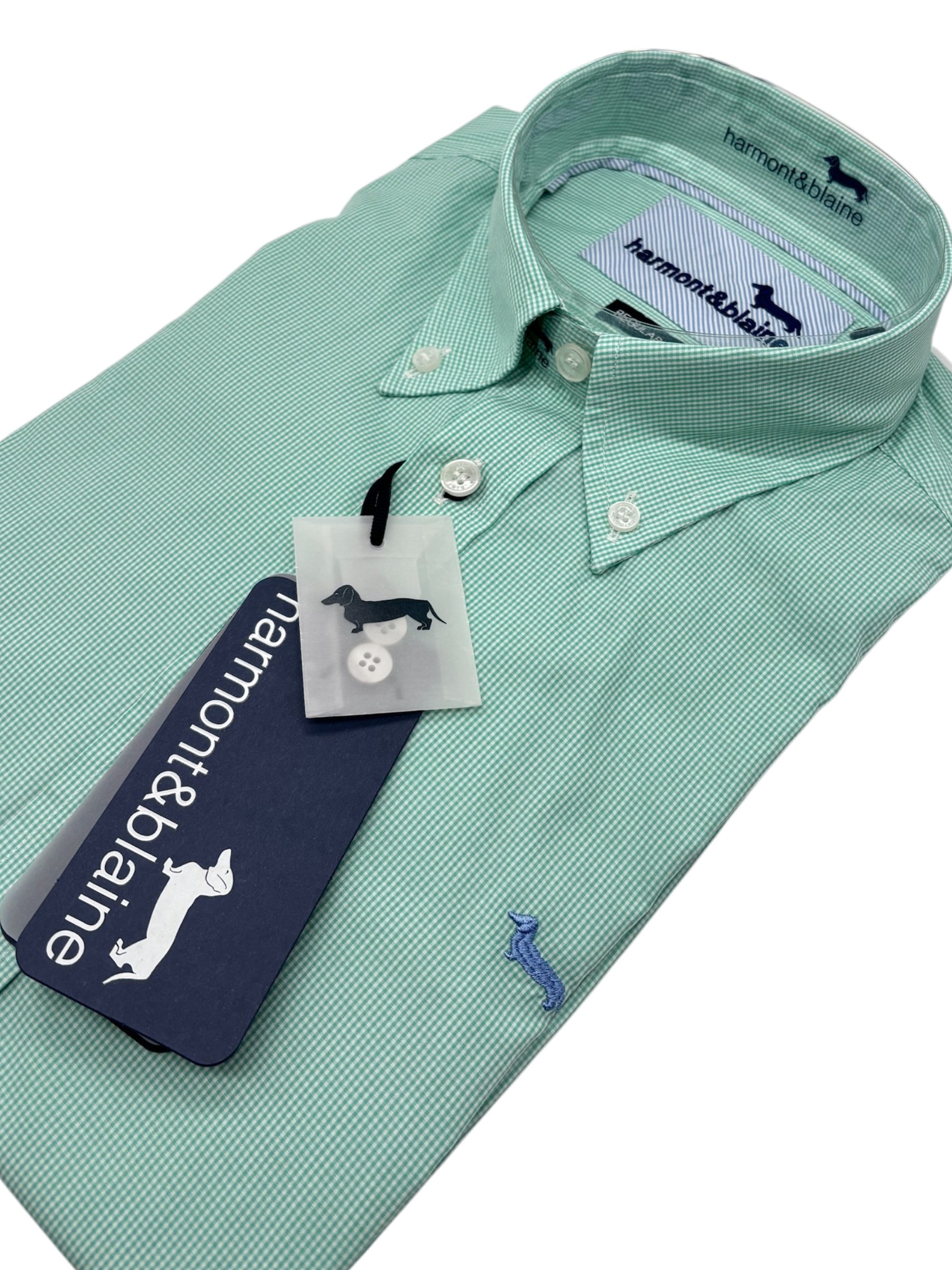 Harmont & Blaine – Camicia regular fit in cotone micro-check verde acqua e bianco - immagine 3