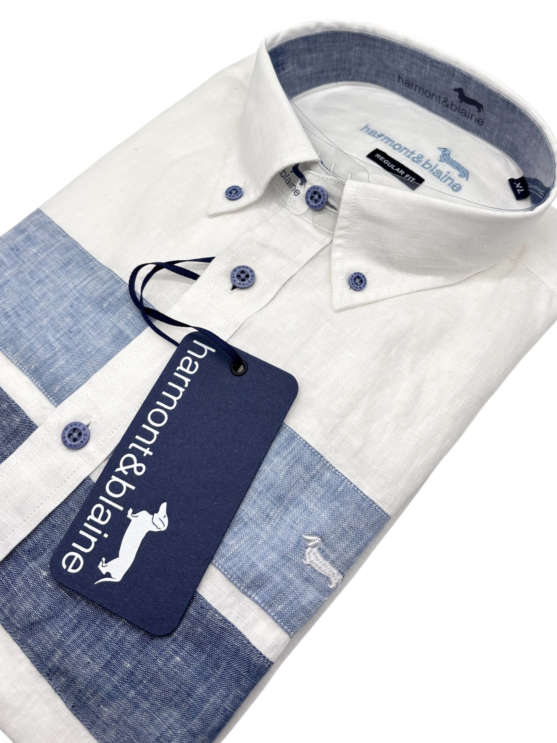 Harmont & Blaine – Camicia regular fit in lino bianco e fasce blu - immagine 3