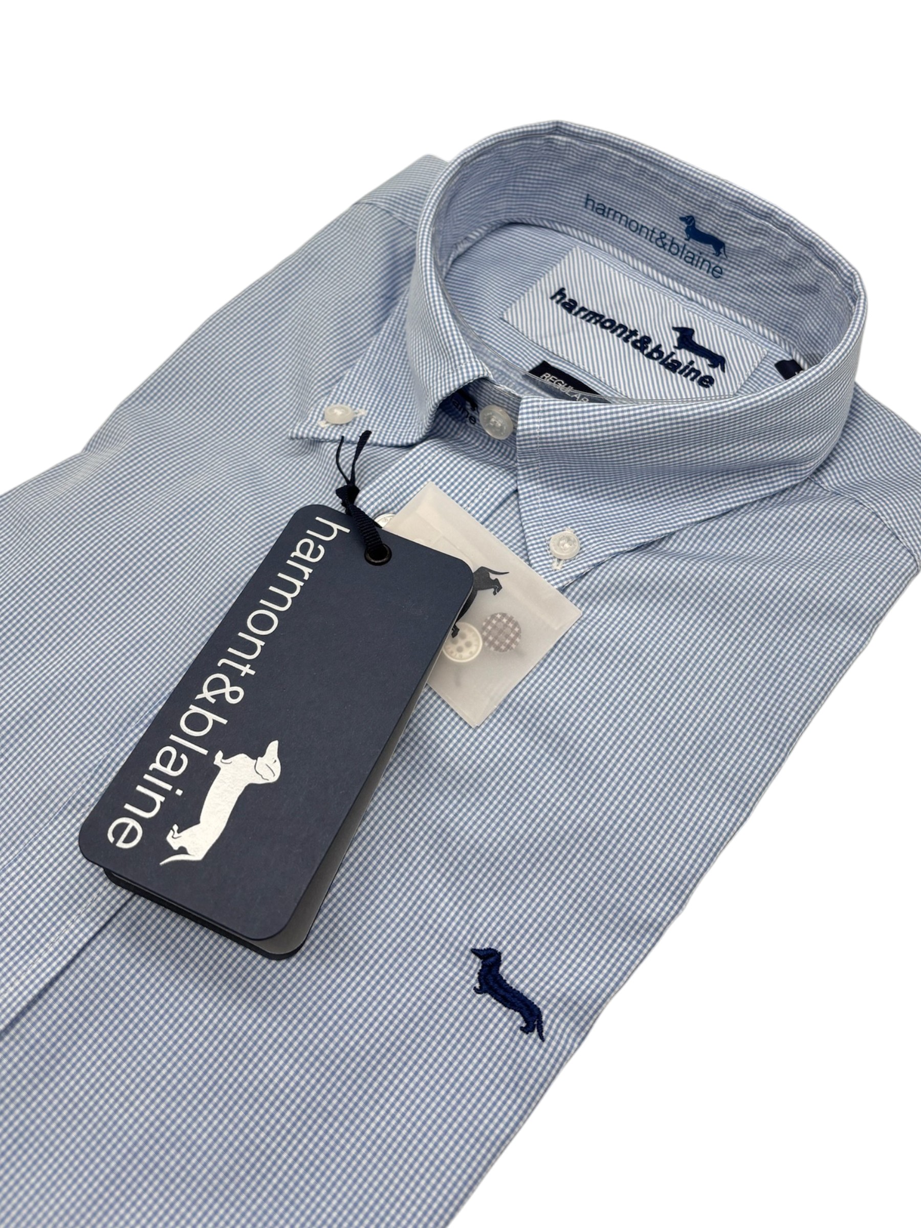 Harmont & Blaine – Camicia regular fit in cotone micro-check bianco e azzurro - immagine 3