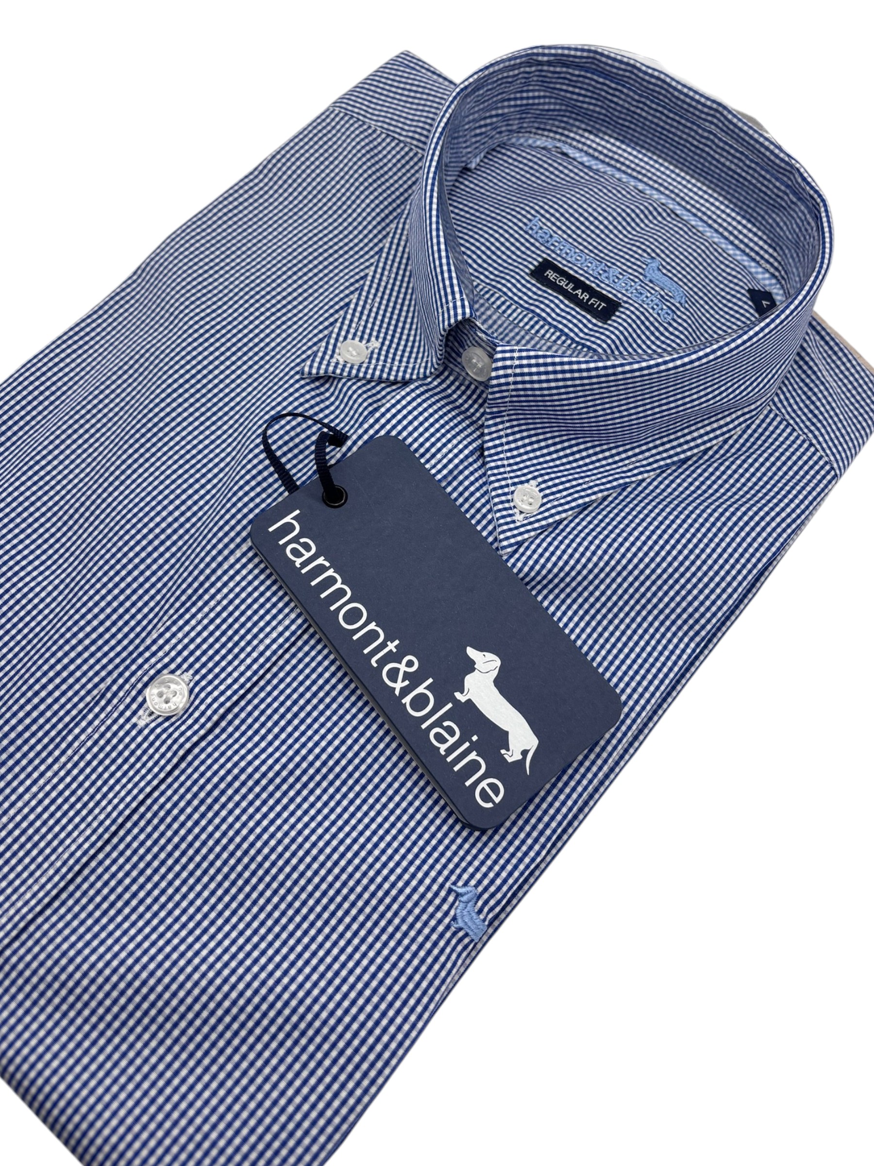 Harmont & Blaine – Camicia regular fit in cotone a micro-quadretti blu e bianco - immagine 3
