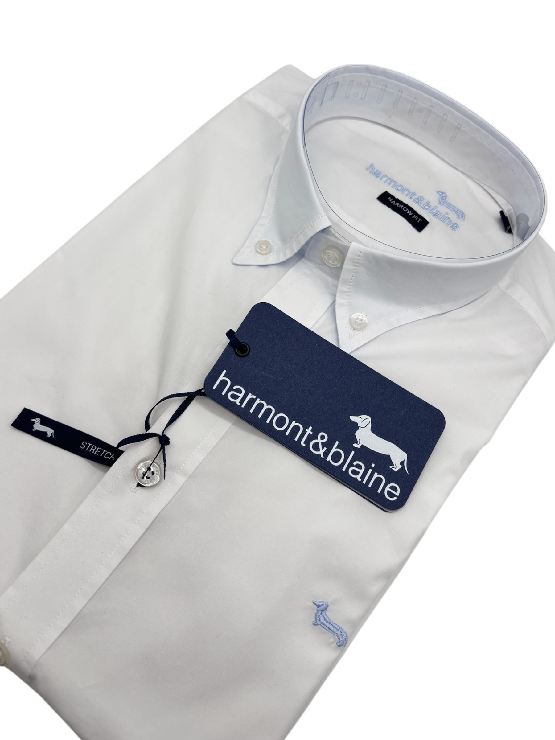 Harmont & Blaine - Camicia narrow fit in cotone bianco con polsini in celeste - immagine 3