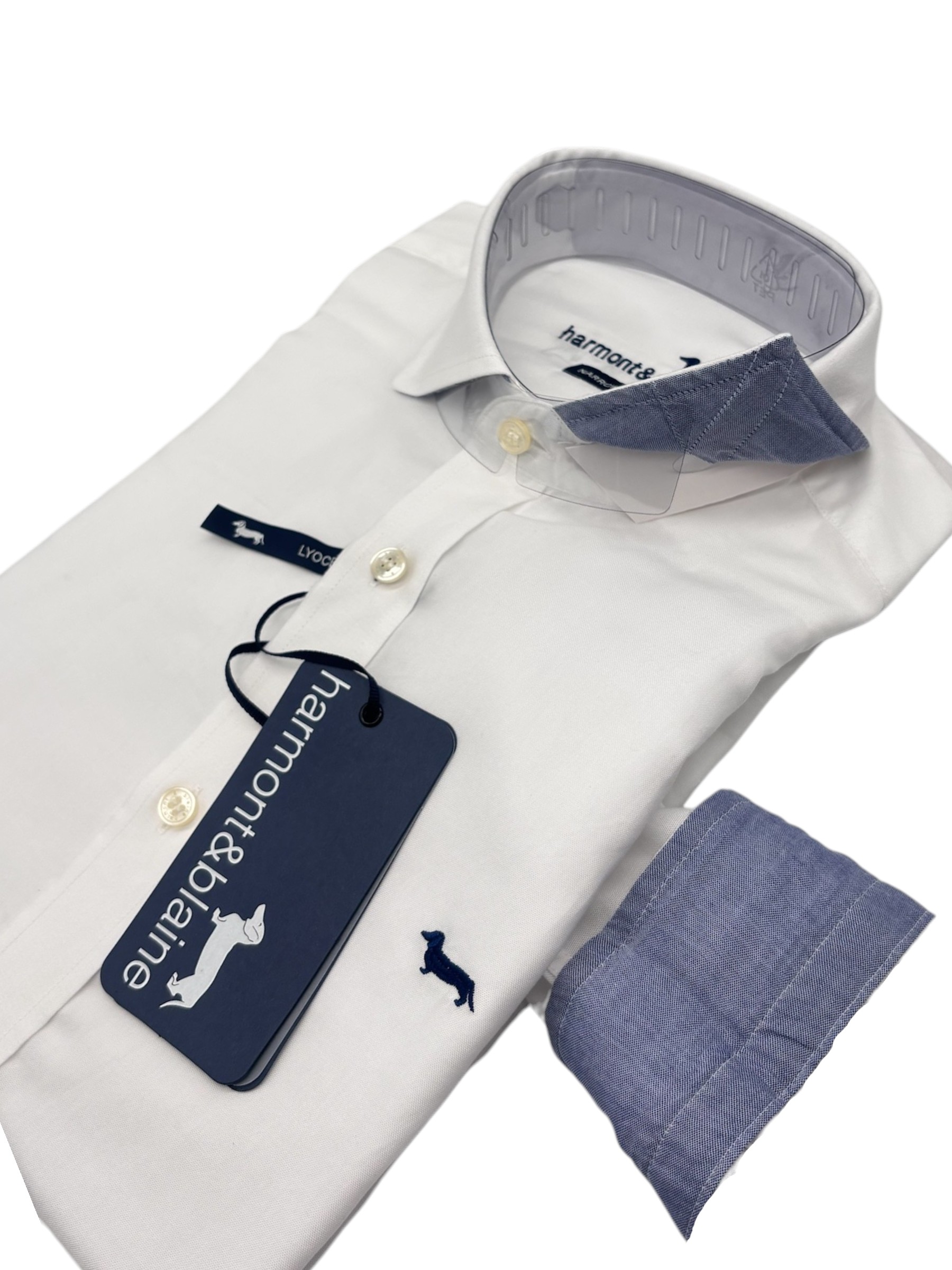 Harmont & Blaine – Camicia narrow fit in cotone bianco con polsini blu denim - immagine 3