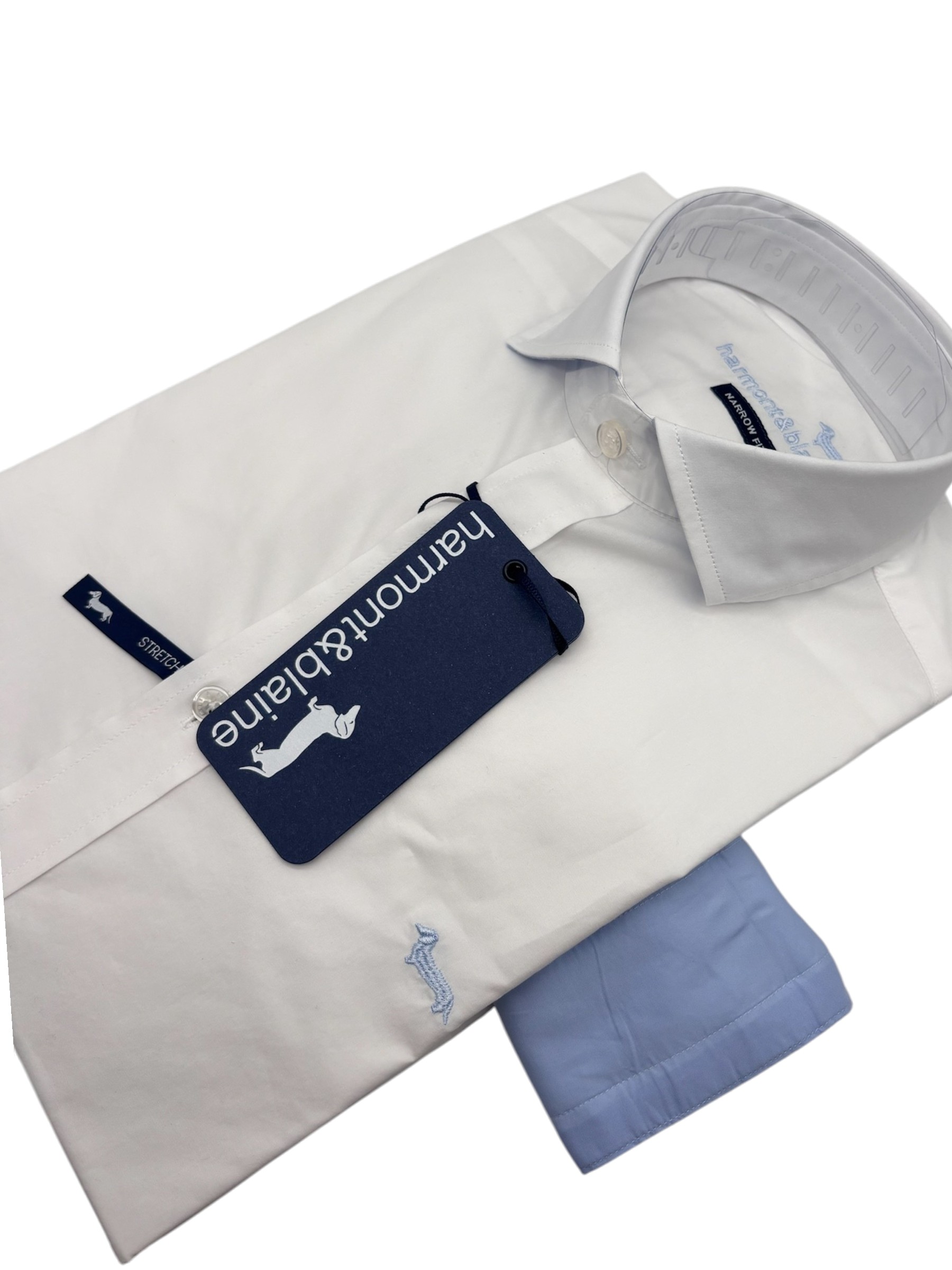 Harmont & Blaine – Camicia narrow fit in cotone bianco con polsini in celeste - immagine 3