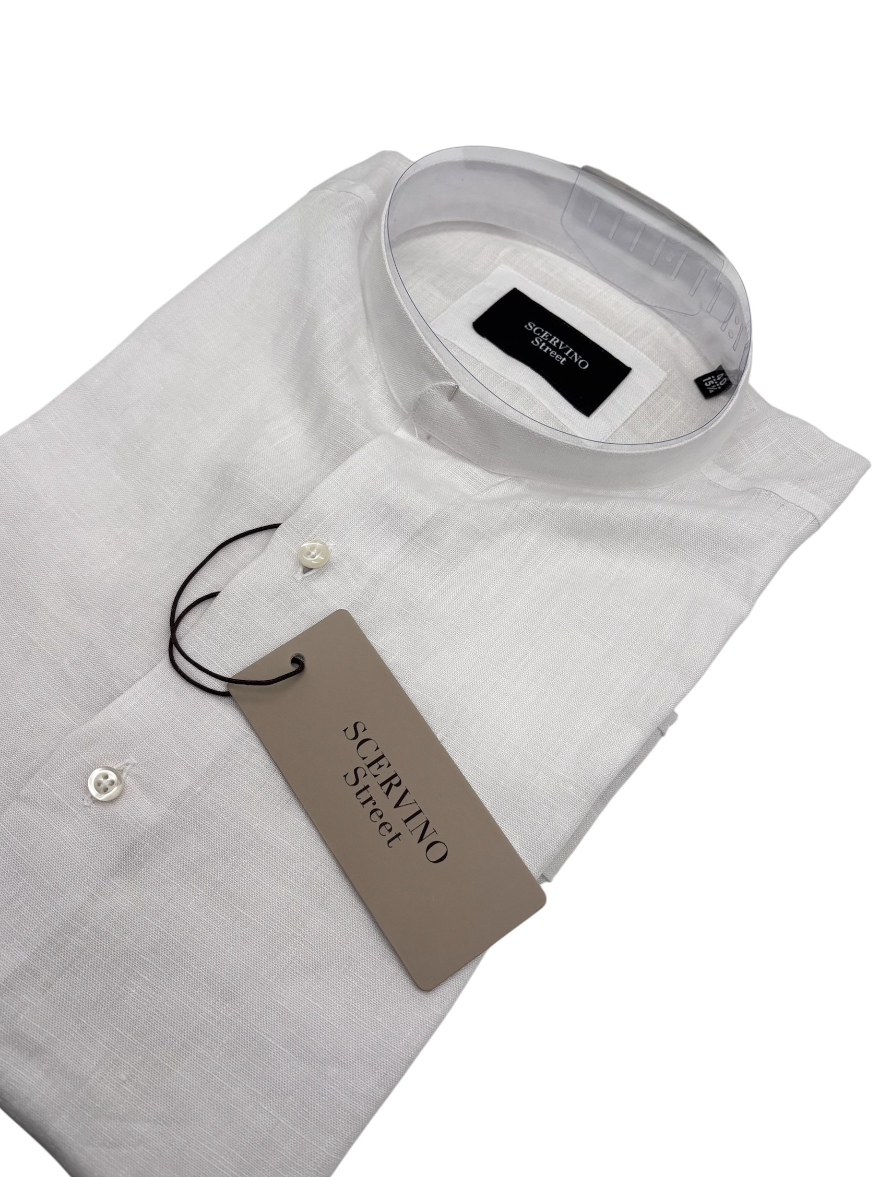 Scervino Street – Camicia in lino bianco ottico con colletto coreano - immagine 3
