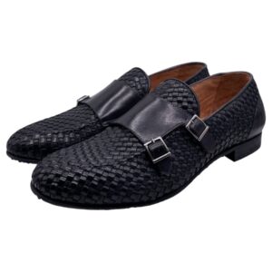 Brecos – Doppia fibbia uomo in pelle intrecciata blu
