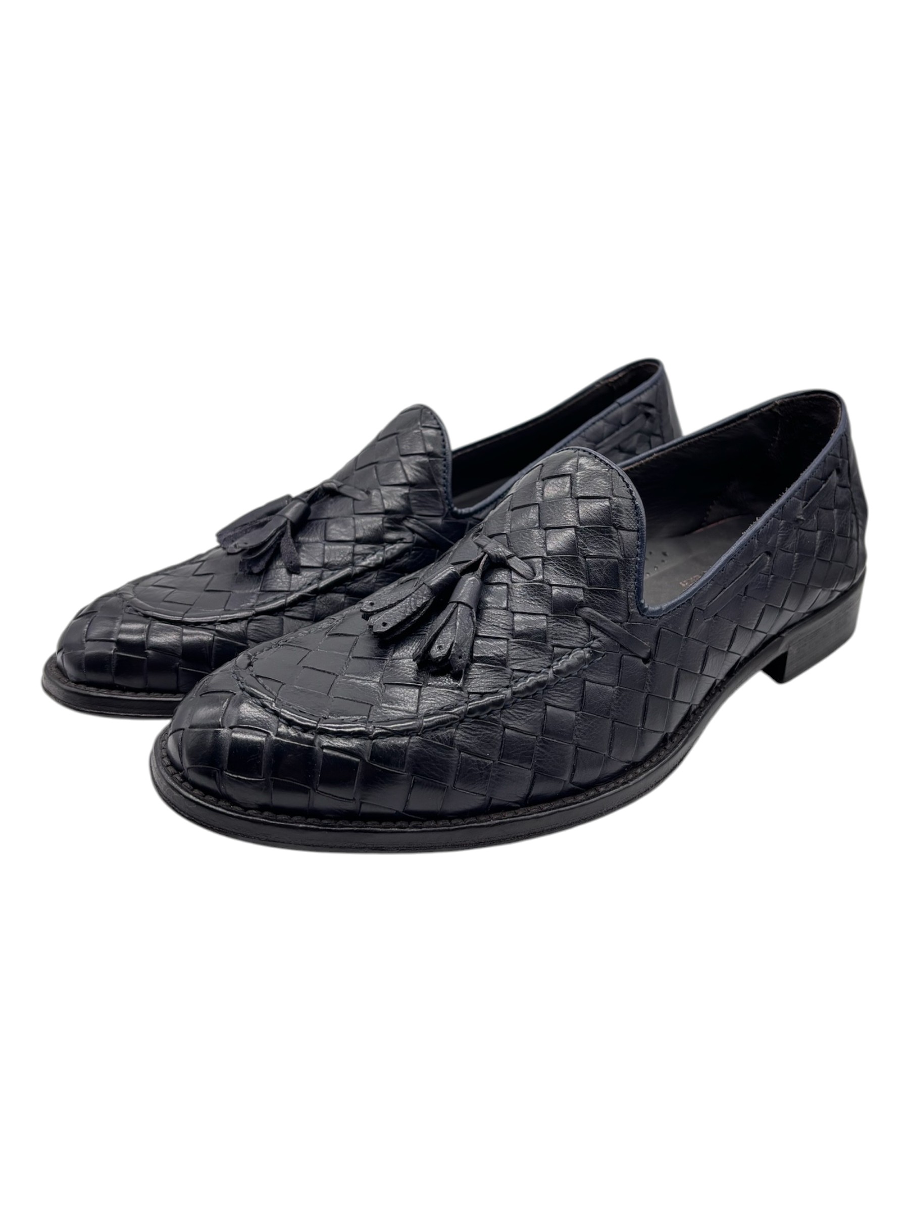 Raphael - Mocassini uomo in pelle intrecciata blu navy con nappine