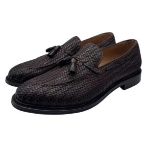 Brecos – Mocassini uomo in pelle intrecciata testa di moro con nappine – 45