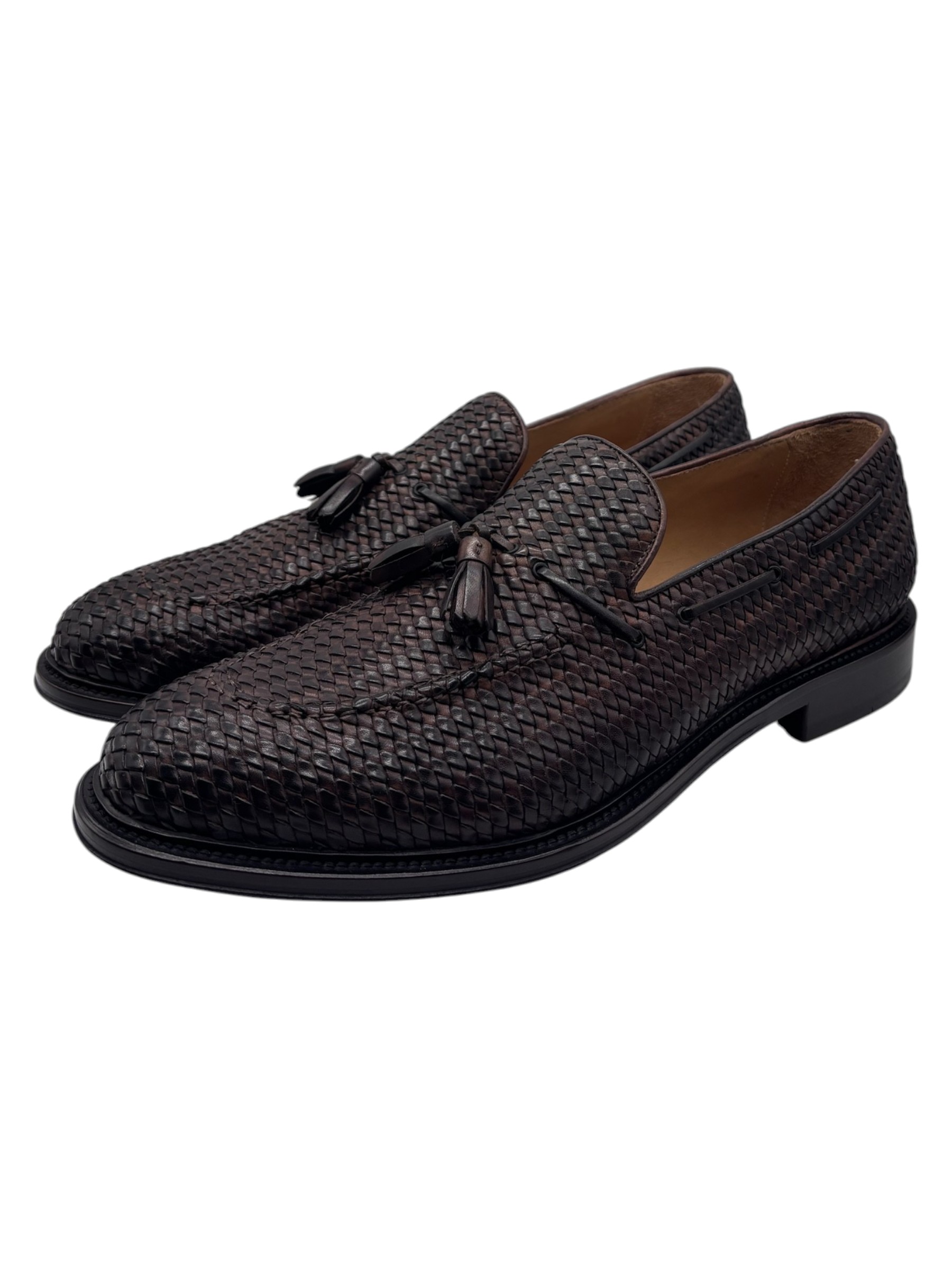 Brecos – Mocassini uomo in pelle intrecciata testa di moro con nappine – 45