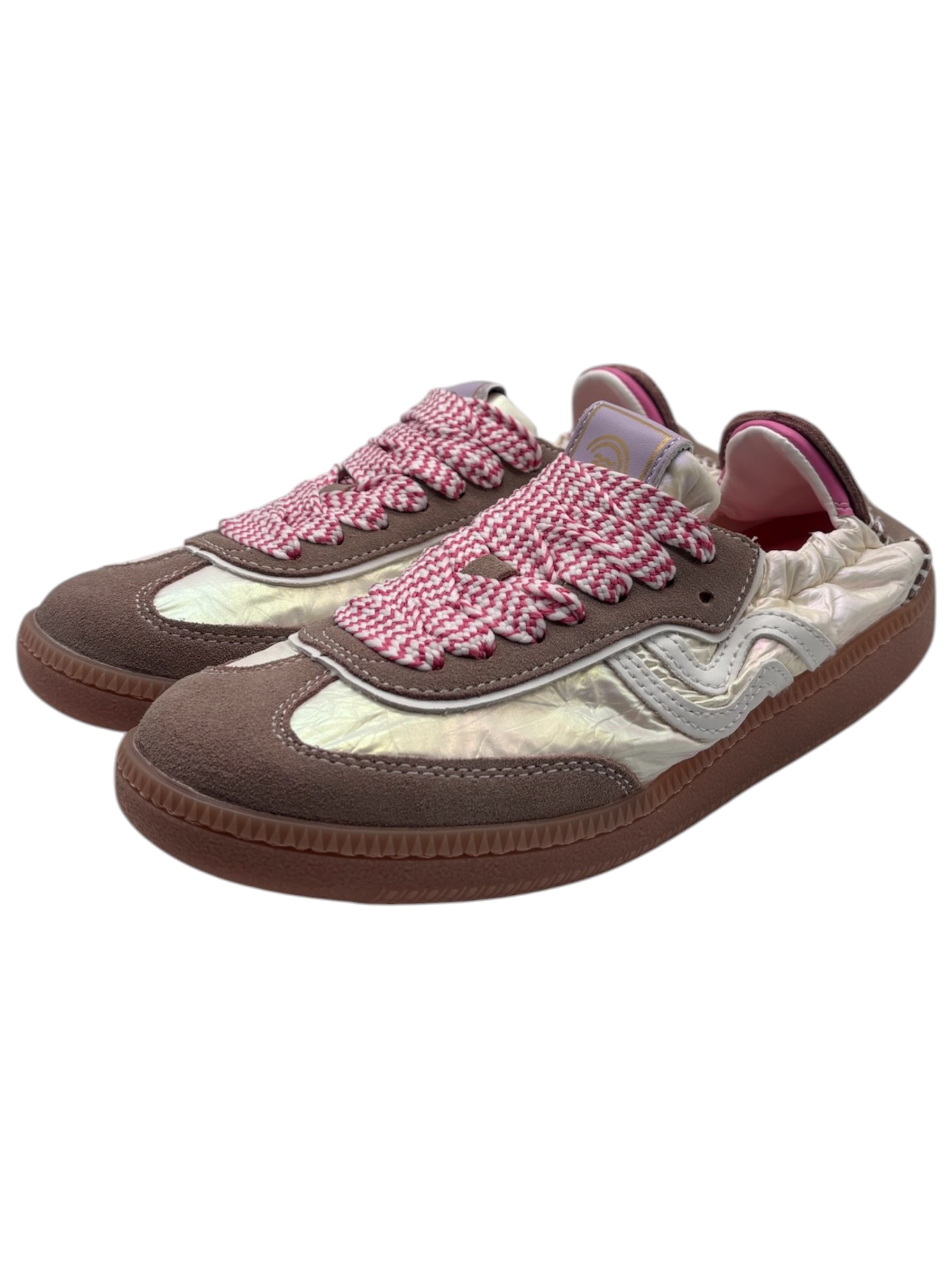 Primabase – Sneakers donna in pelle scamosciata taupe e tessuto iridescente