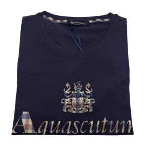 Aquascutum – T-shirt uomo in cotone blu scuro con logo grande - XL