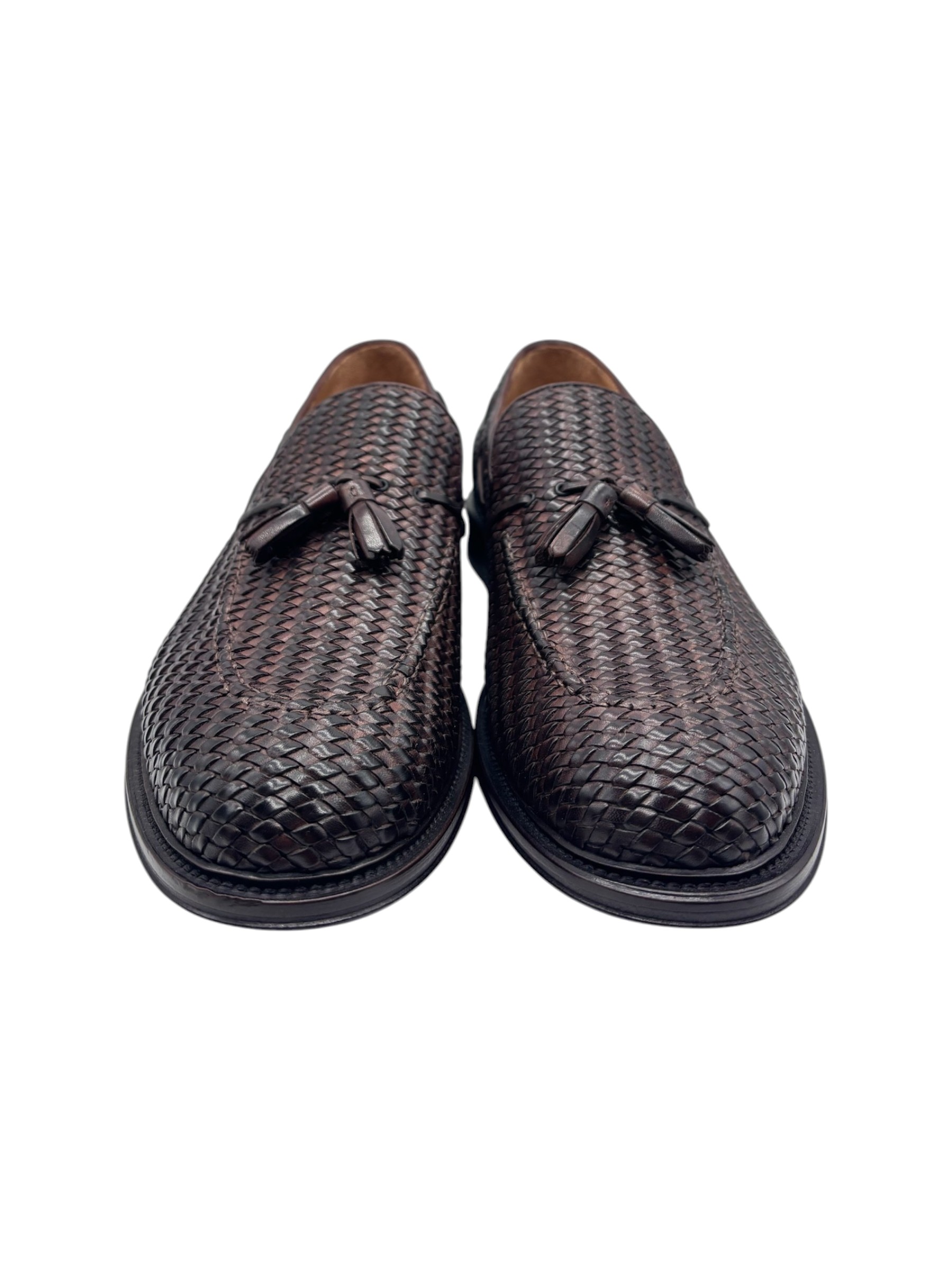 Brecos – Mocassini uomo in pelle intrecciata testa di moro con nappine – 45 - immagine 2