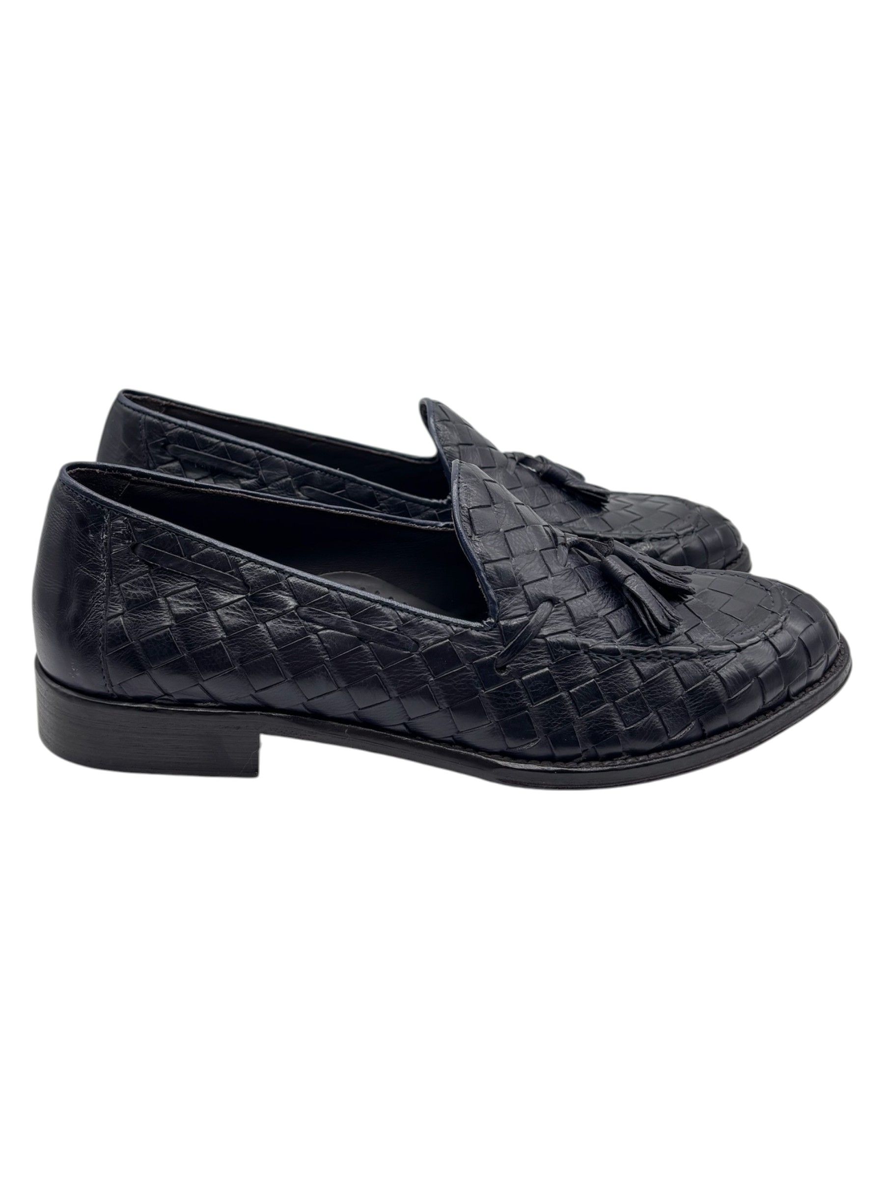 Raphael - Mocassini uomo in pelle intrecciata blu navy con nappine - immagine 3