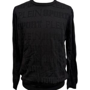 Plein Sport - Maglia a girocollo uomo in lana merinos nera con lavorazione jacquard - XXL